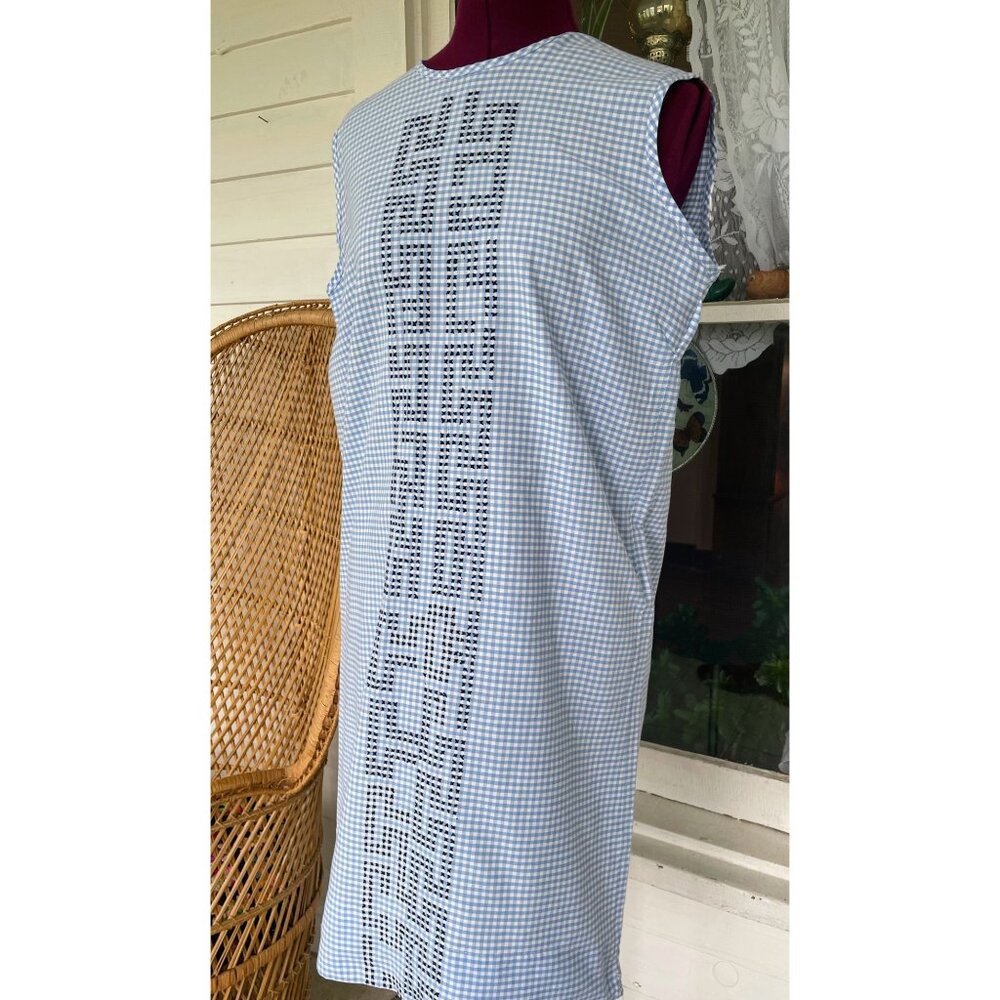 Vintage 1960s Blue White Gingham Checked Embroidered Cotton House Dress L/M - Picture 7 of 16